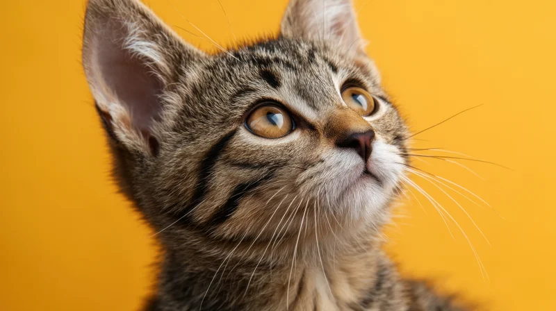 Closeup portrait of a curious tabby kitten looking up against a yellow background