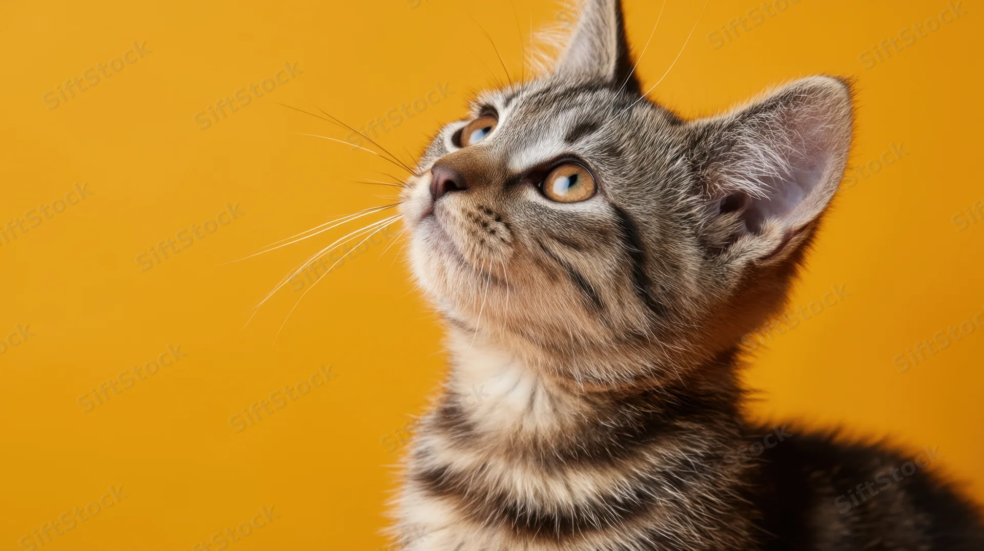 Tabby kitten looking up in profile against a bright orange background