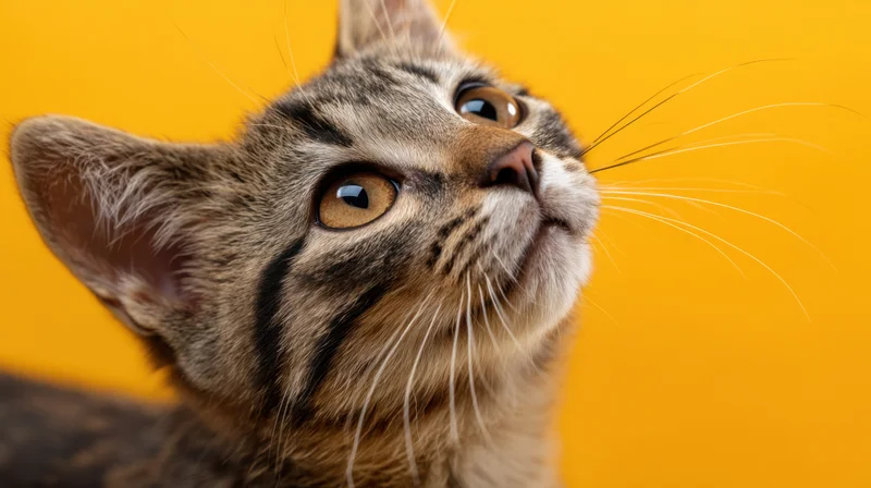 Closeup of a curious tabby kitten looking up against a bright yellow background