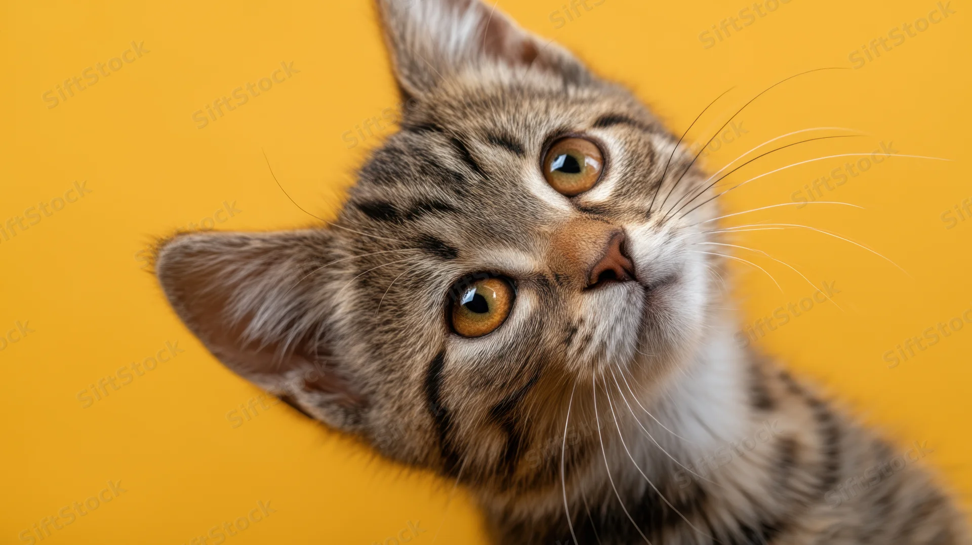 Curious tabby kitten tilting head upward against yellow background