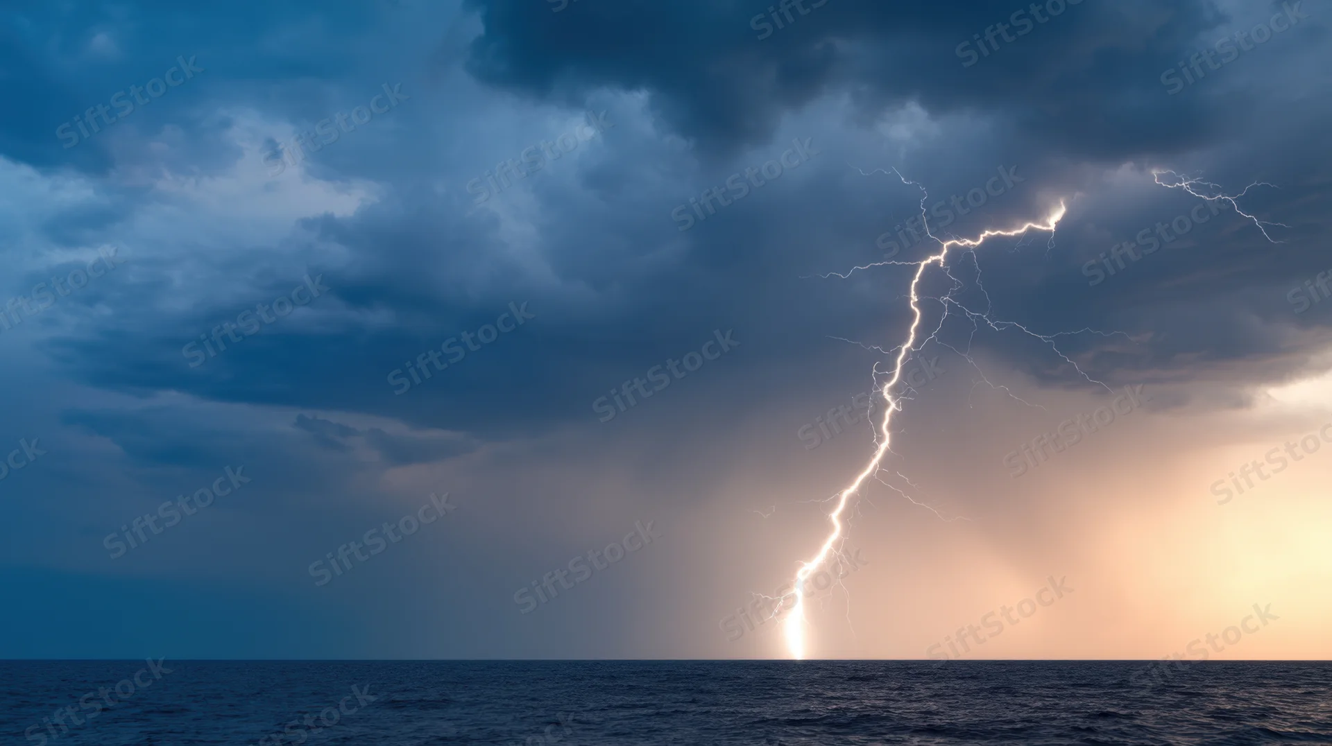 Lightning striking the ocean during a stormy twilight sky
