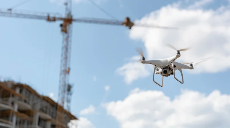 Drone hovering over construction site with crane and building under development