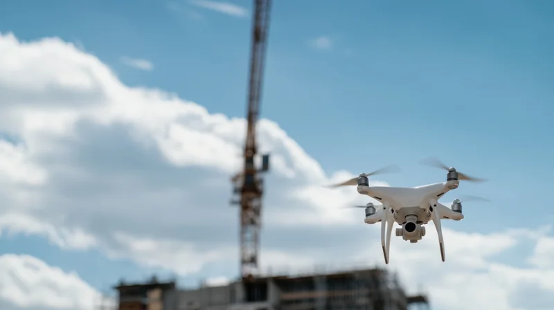 White drone hovering over construction site with crane in background