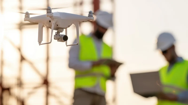 White drone hovering over construction site with workers in safety vests and helmets using tablets and laptops