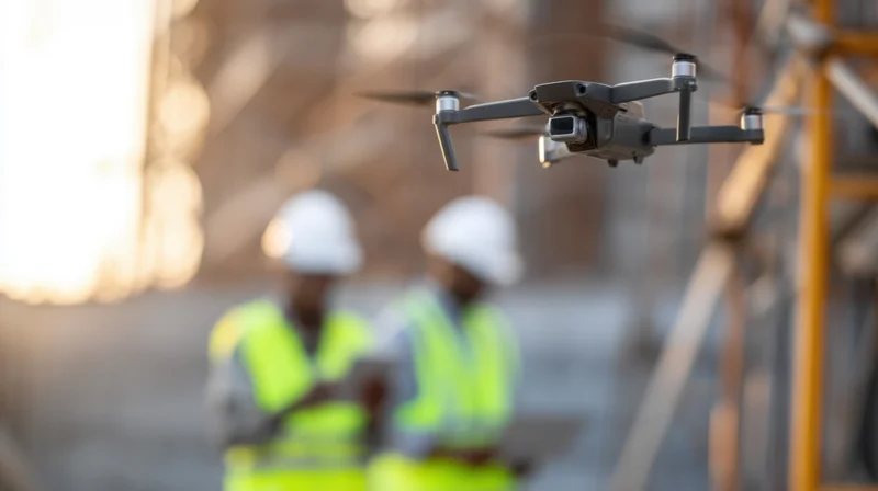 Drone hovering over construction site with workers in safety gear in background