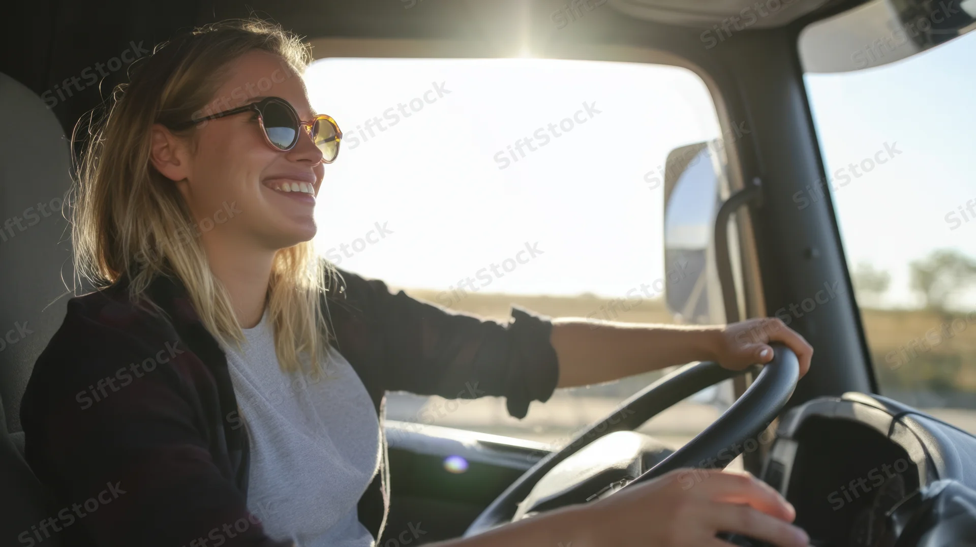 Woman driving a truck with hands on steering wheel, smiling inside cabin during daylight
