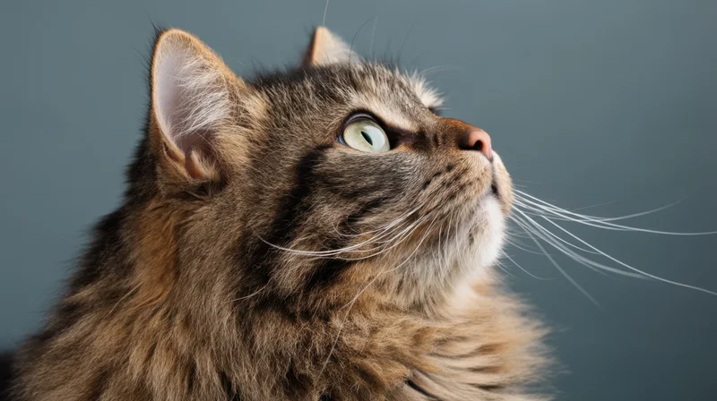 Fluffy brown tabby cat looking up in studio portrait