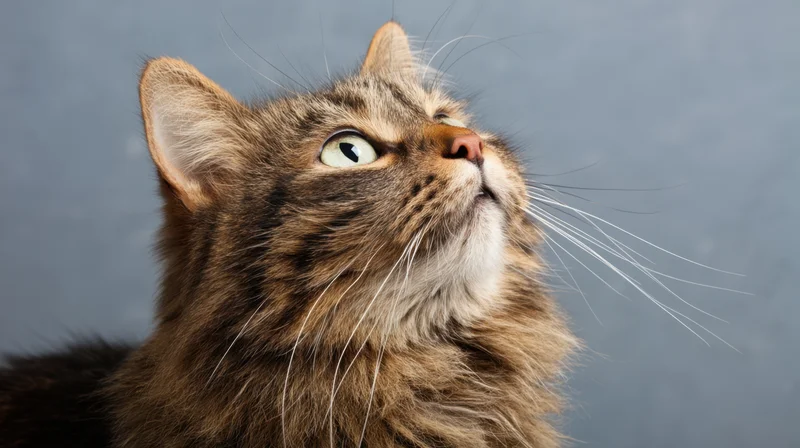 Fluffy brown tabby cat looking up with alert expression in studio portrait
