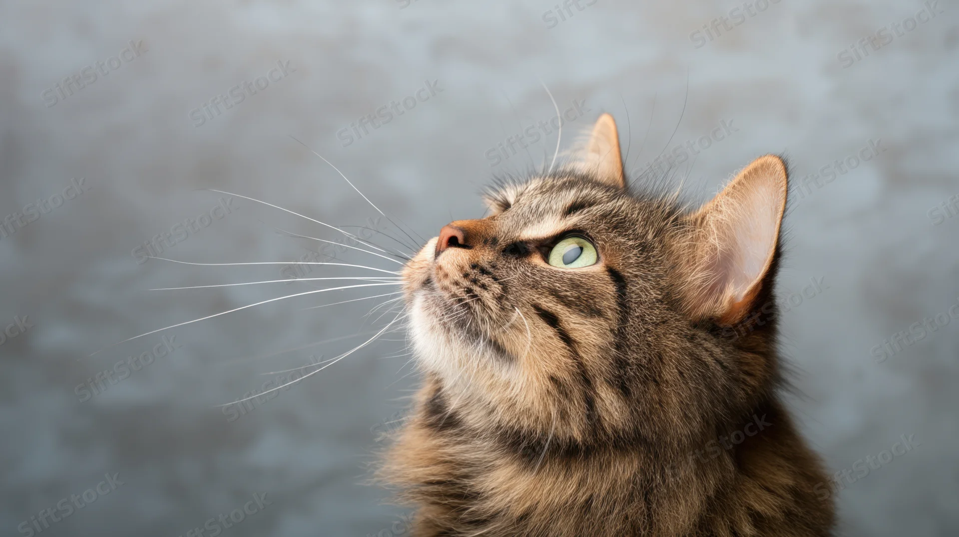 Closeup of a fluffy brown tabby cat looking up with green eyes against a blurred gray background