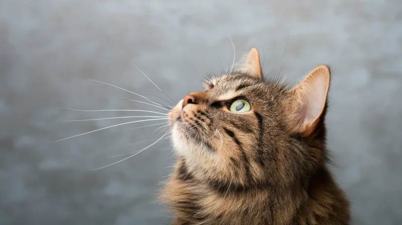Closeup of a fluffy brown tabby cat looking up with green eyes against a blurred gray background