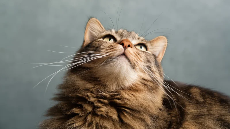 Fluffy brown tabby cat looking up with alert eyes against a gray background