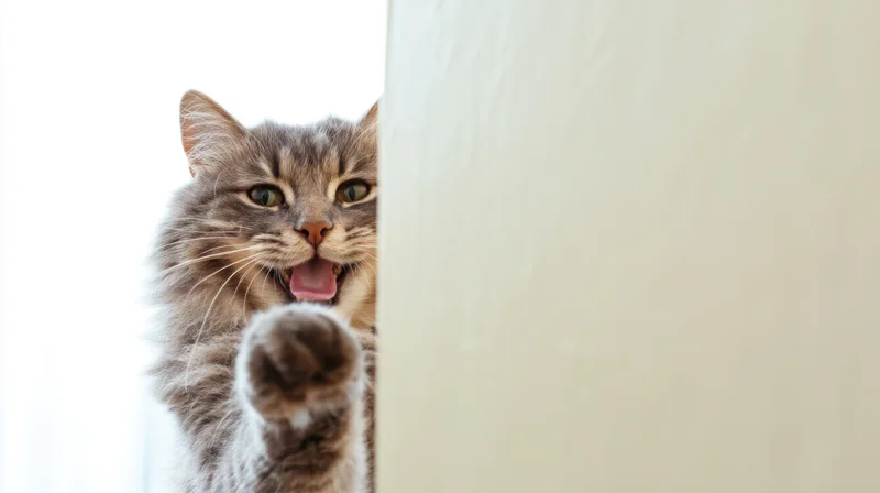 Fluffy gray cat peeking from behind a white wall with paw raised and tongue out