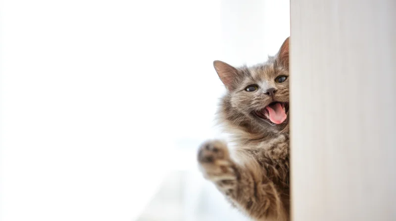 Fluffy gray cat peeking from behind a doorframe with tongue out and paw raised indoors