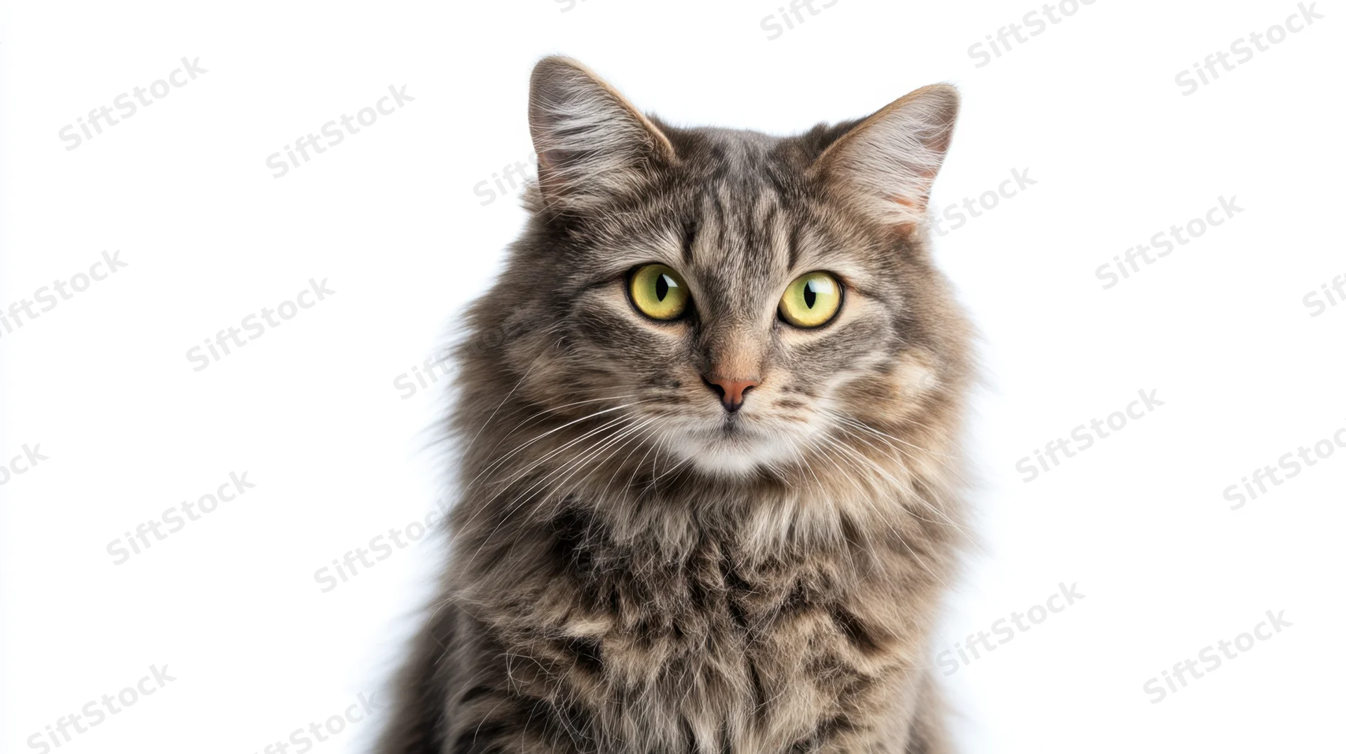 Fluffy gray tabby cat looking directly at camera against white background
