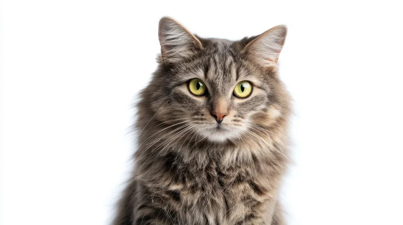 Fluffy gray tabby cat looking directly at camera against white background