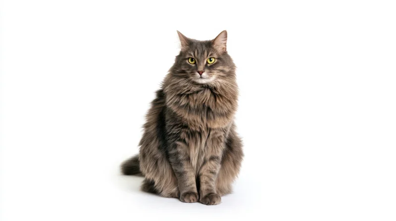 Fluffy gray tabby cat sitting alertly in front of white background
