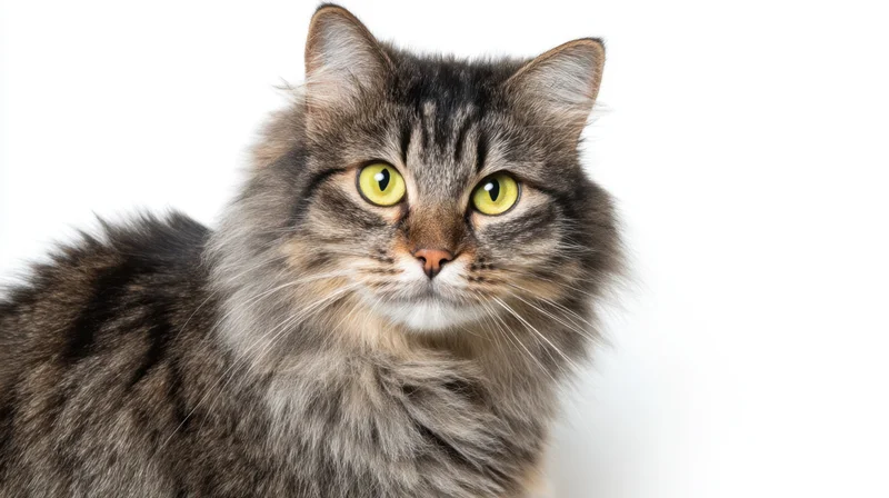 Fluffy gray tabby cat in closeup portrait against white background with copyspace