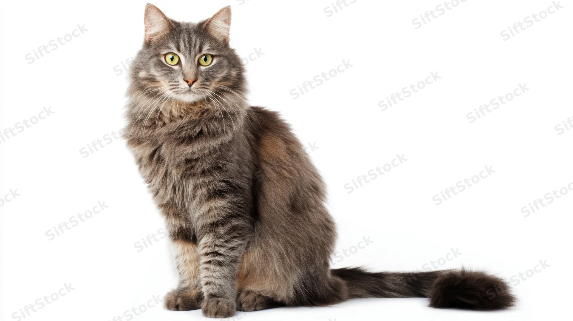 Fluffy gray tabby cat sitting alertly in studio against white background