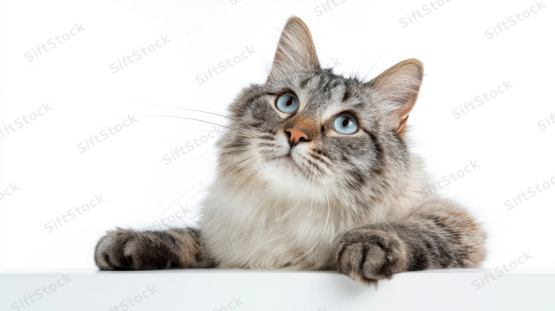 Fluffy gray tabby cat lying on white surface with blue eyes looking upward