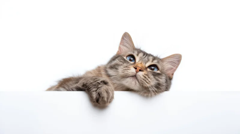 Fluffy gray tabby cat peeking over white surface with paw extended and blue eyes looking up