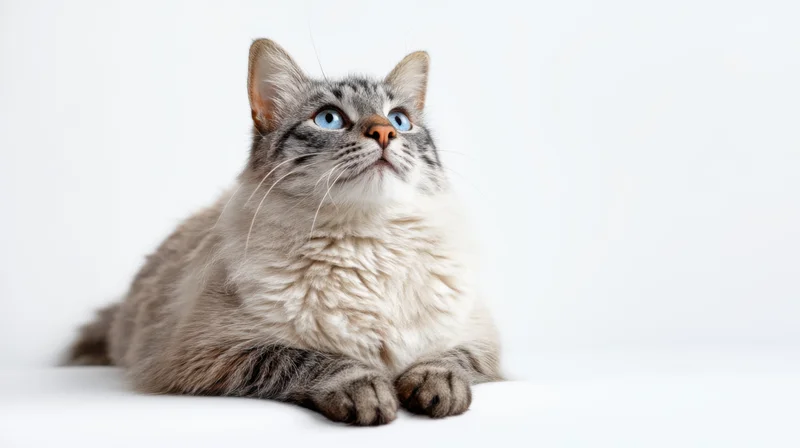 Fluffy gray tabby cat lying on white background with blue eyes looking up