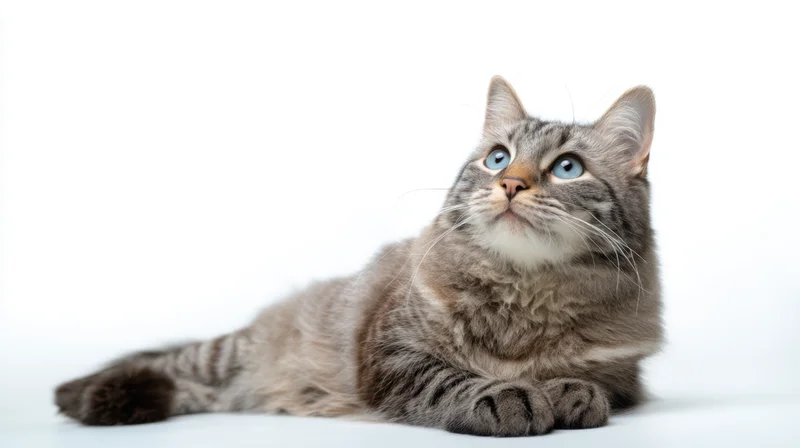 Fluffy gray tabby cat lying on white background looking upward