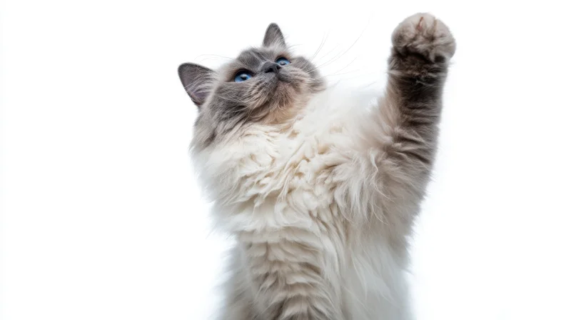 Fluffy long-haired cat raising one paw while looking up against white background