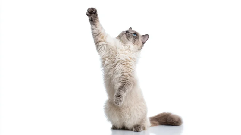 Fluffy longhaired cat standing on hind legs with one paw raised against white background