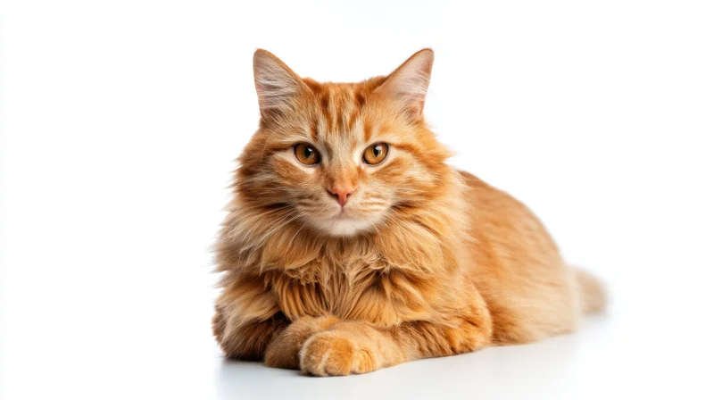 Fluffy orange tabby cat lying on white background