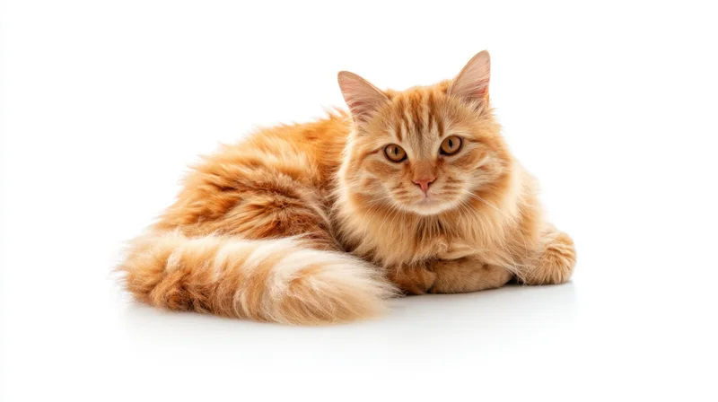 Fluffy orange tabby cat lying down on white background