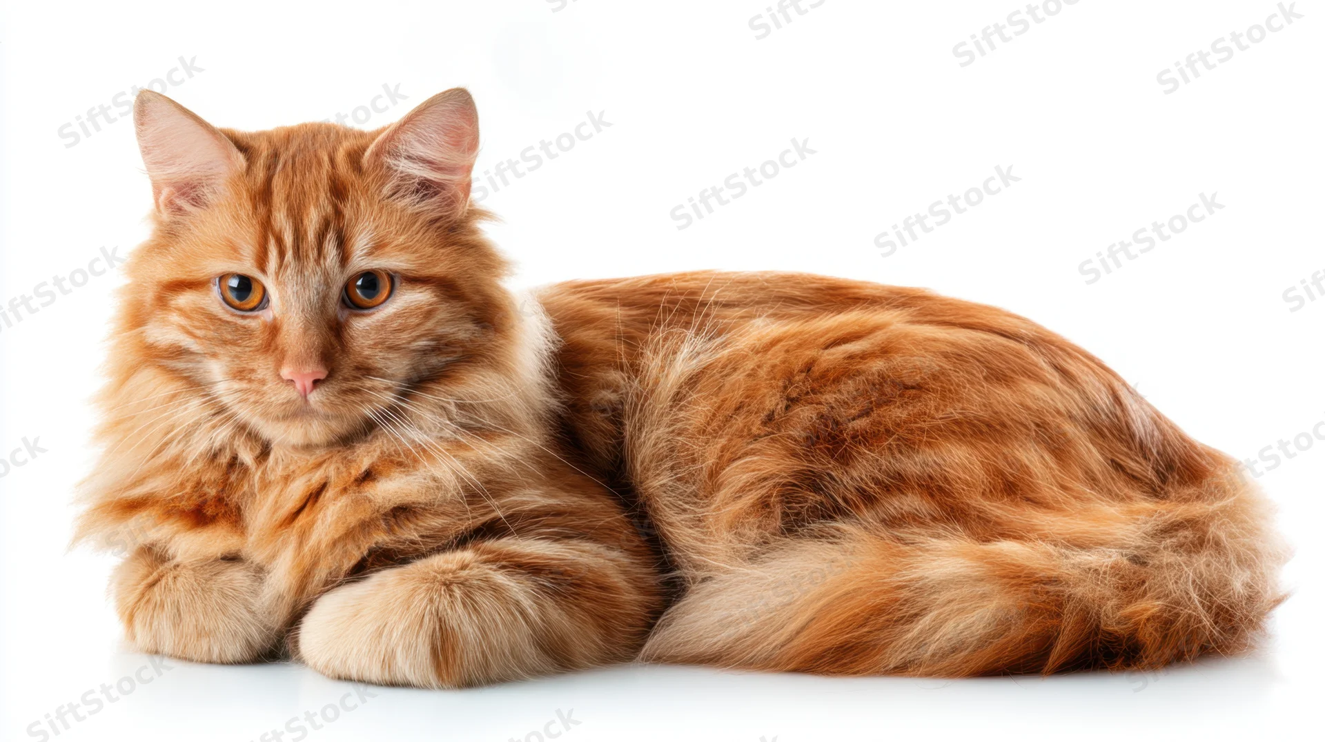 Fluffy orange tabby cat lying down on white background