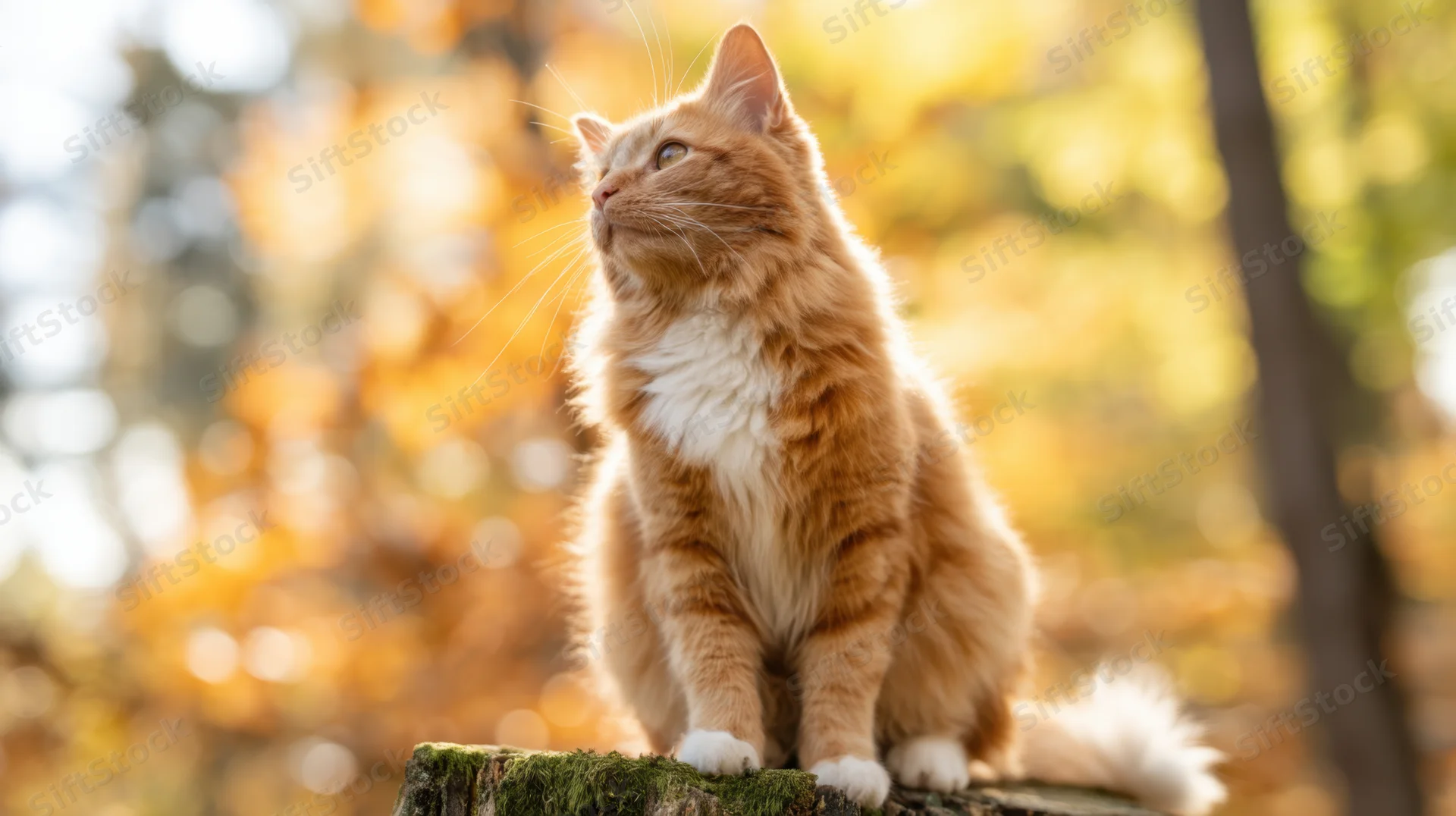 Fluffy orange tabby cat sitting alertly on a mossy stump in an autumn forest with golden foliage and soft sunlight