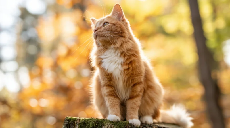 Fluffy orange tabby cat sitting alertly on a mossy stump in an autumn forest with golden foliage and soft sunlight