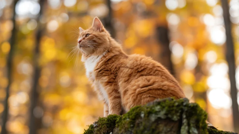 Orange tabby cat sitting alert on mossy rock in autumn forest with golden foliage blurred in background