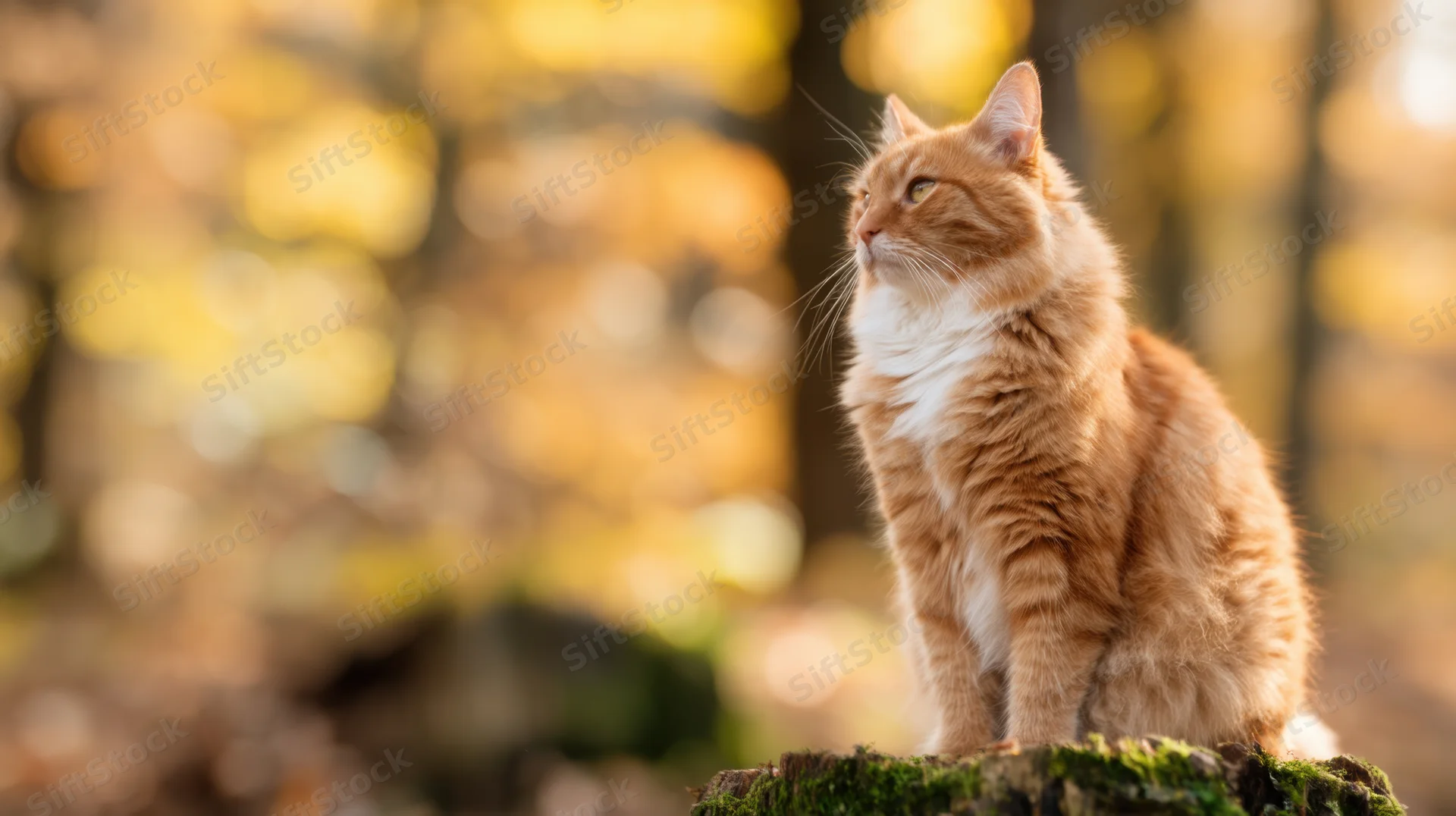 Fluffy orange tabby cat sitting on mossy stump in autumn forest looking upward