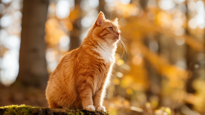 Orange tabby cat sitting alertly on mossy tree stump in autumn forest