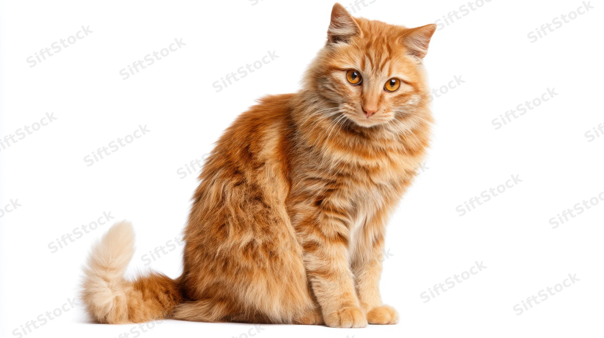 Fluffy orange tabby cat sitting in studio against white background