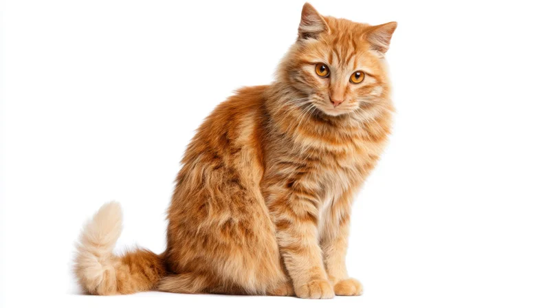 Fluffy orange tabby cat sitting in studio against white background