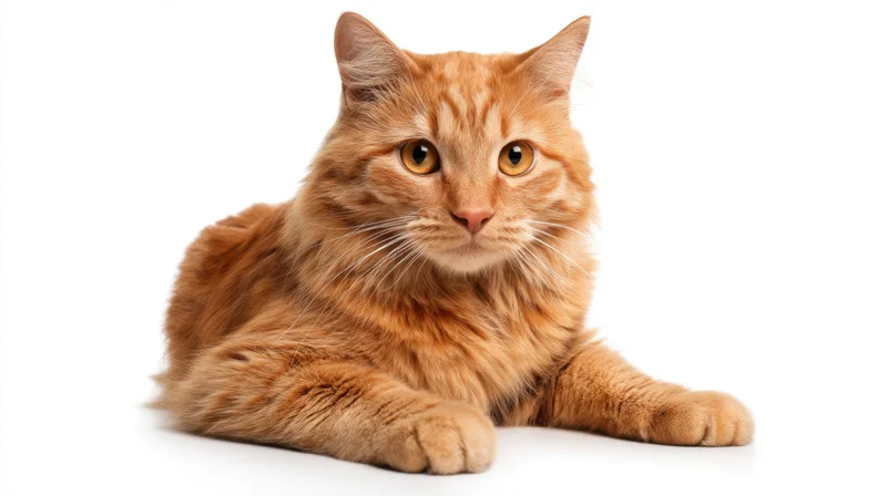 Orange tabby cat lying down on white background in studio portrait