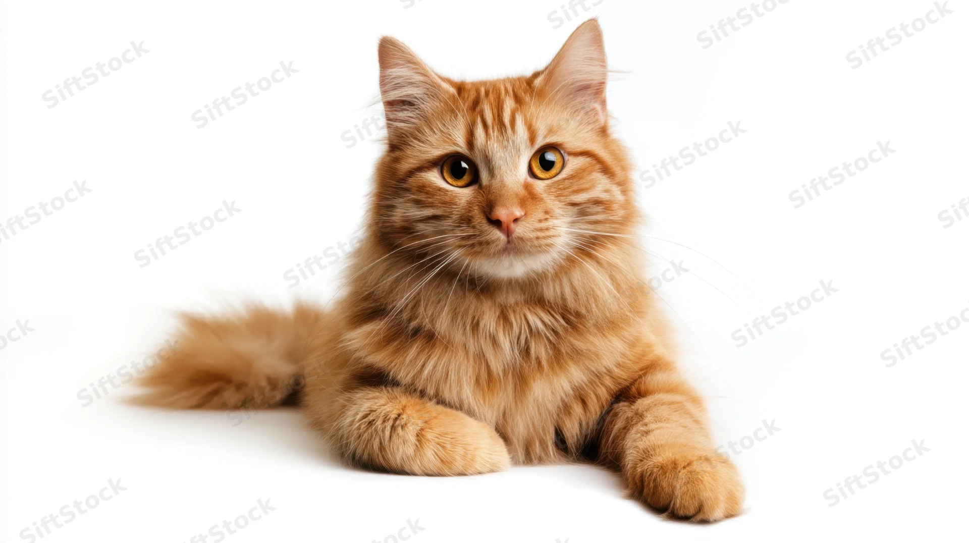 Fluffy orange tabby cat lying down on white background, looking at camera
