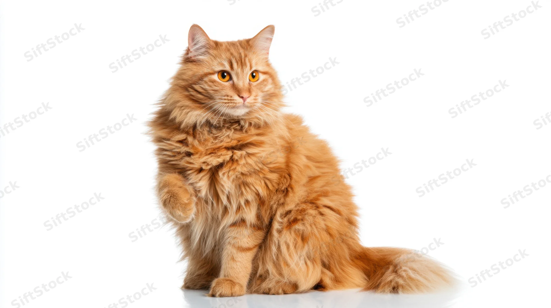 Fluffy orange tabby cat sitting with one paw raised on white background
