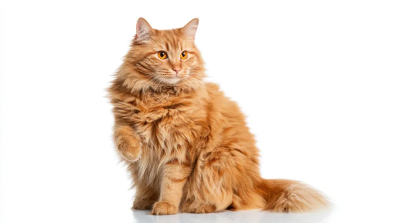 Fluffy orange tabby cat sitting with one paw raised on white background