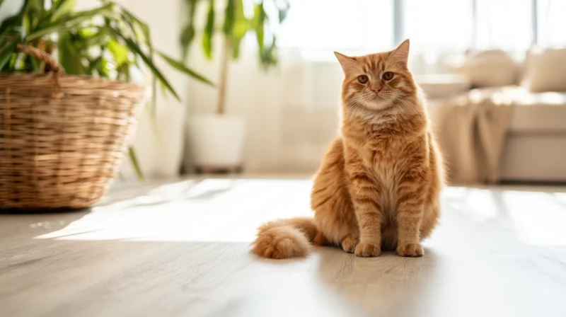 Fluffy orange tabby cat sitting on wooden floor in sunlit living room