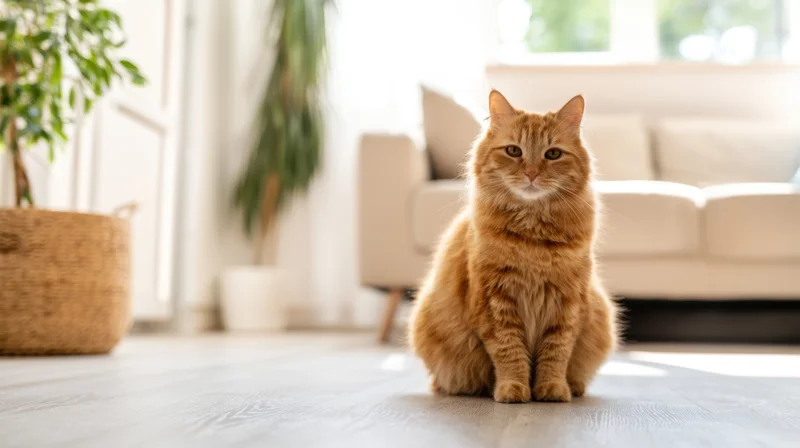 Fluffy orange tabby cat sitting on wooden floor in living room with sofa and plants in background