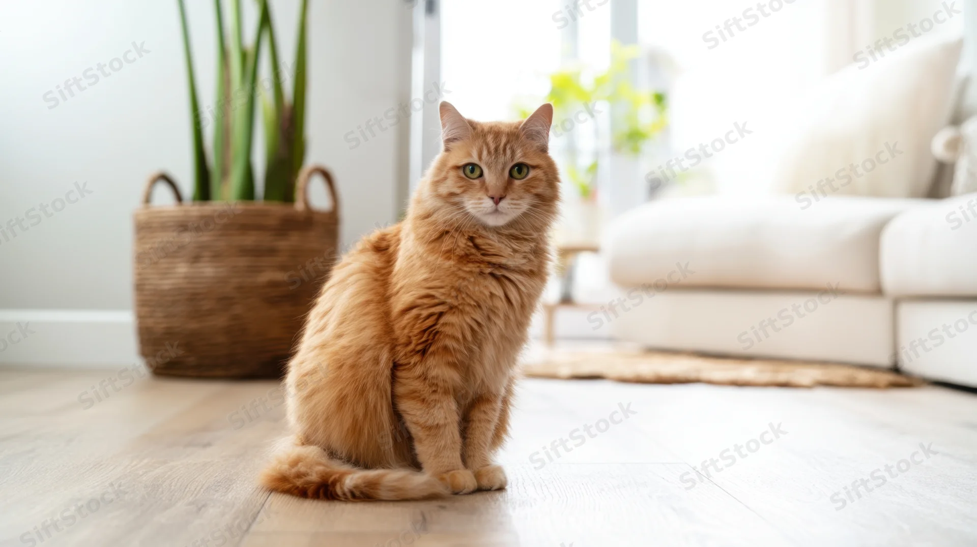 Fluffy orange tabby cat sitting alert on wooden floor in bright living room