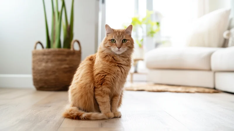 Fluffy orange tabby cat sitting alert on wooden floor in bright living room