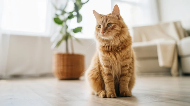 Fluffy orange tabby cat sitting on wooden floor in living room with sofa and plant in background