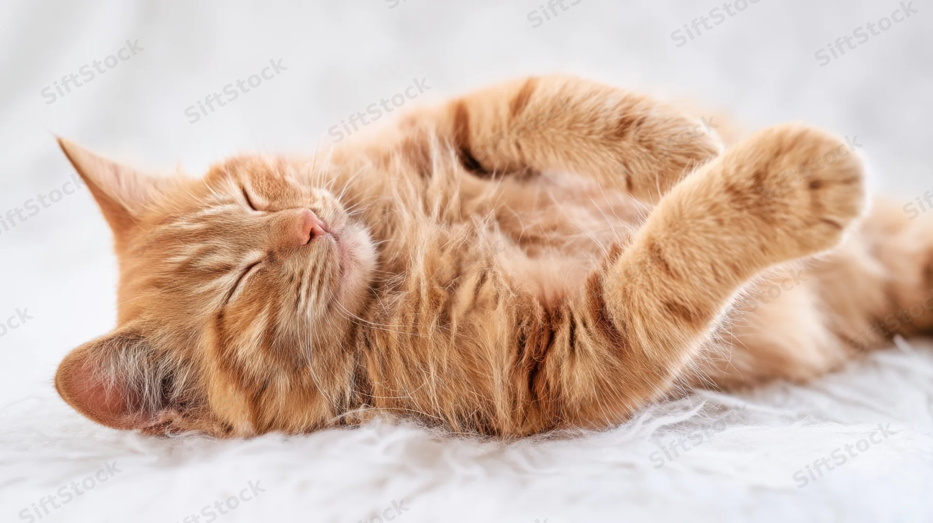 Fluffy orange tabby cat sleeping on its back on a white blanket