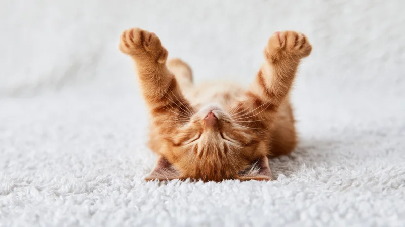 Fluffy orange tabby kitten lying on back with paws up on white carpet