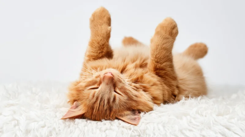 Orange fluffy tabby cat lying on back sleeping on white rug